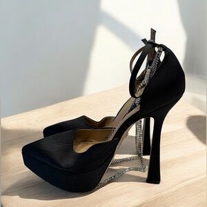 Black Satin Rhinestone T-Strap Heels – Elegant Evening Shoes